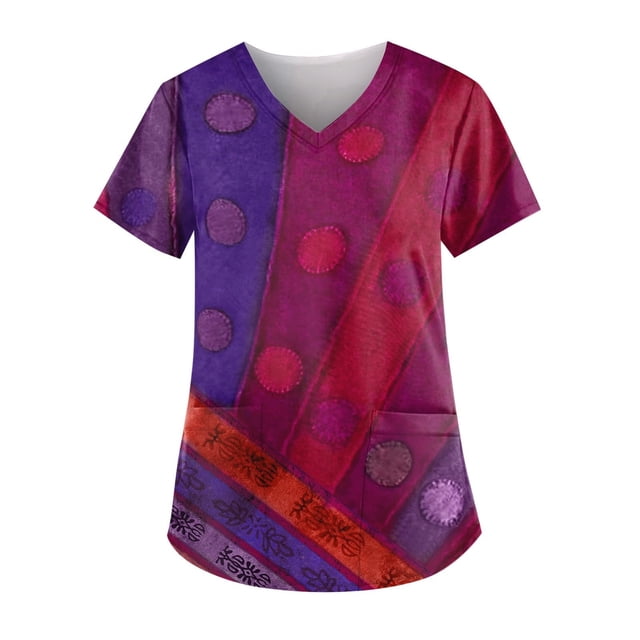 LSLJS Blouse à Manches Courtes à Col en V pour Femmes, Mode, Uniforme de Travail, Imprimé, avec Poche, Blouse, Hauts; Sarraus pour Femmes Grande Taille
