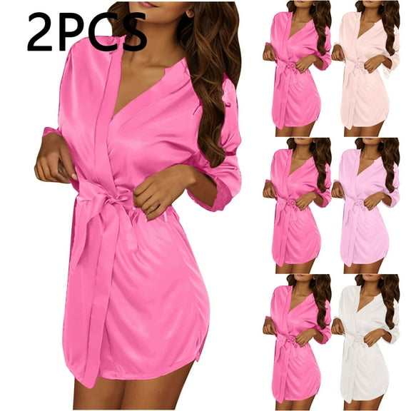 Feancey Women's Satin Bathrobe 2 Pack Casual Long Sleeve Silk Robes Cozy Soft Belted Nightgowns Bridesmaid Bride Party Bathrobes White Free Size