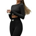 thumbnail image 5 of Elippeo Women Casual Sports Yoga Suit, Long Sleeve Round Neck Label Patchwork Crop Tops+High Waist Long Pants, 5 of 10