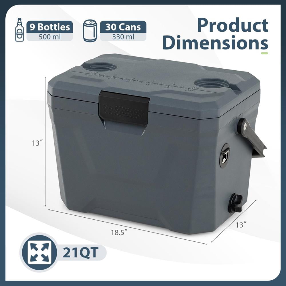 Topcobee Insulated Portable Cooler Hard Shell Ice Chest with 2 Cup Holders, Outdoor Cooler, Rolling Cooler-Gray