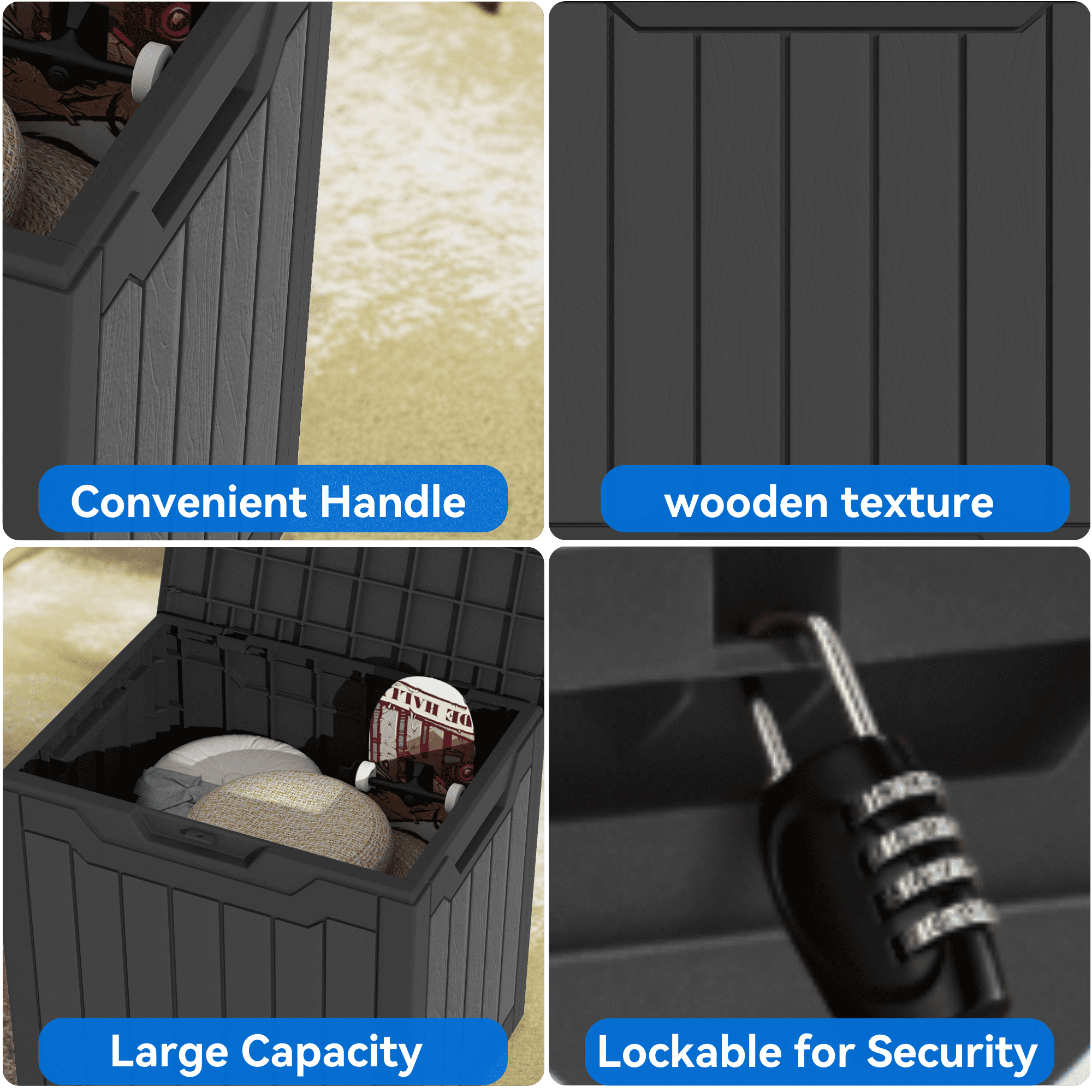 Uforic 31 Gallon Resin Outdoor Deck Box, Weatherproof, Lockable Lid, Side Handles, Black