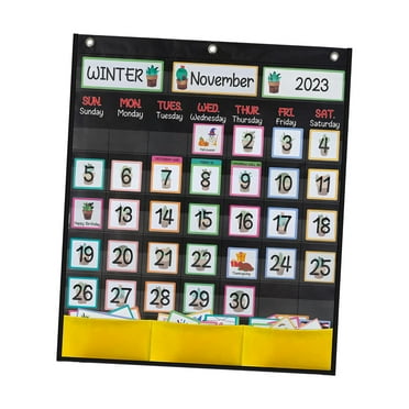 Calendar Pocket Chart Classroom Calendar 20.08inchx23.62inch with 89 Cards and 3 Hooks Black Classroom Organized Chart for Kindergarten Home