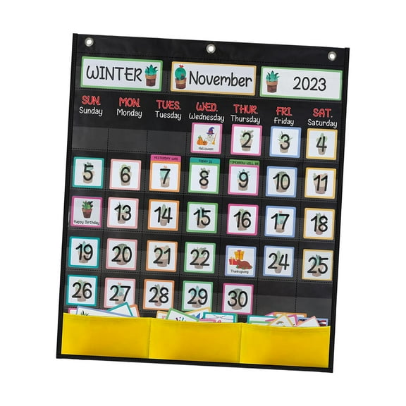 Calendar Pocket Chart Wall Calendar 20.08inchx23.62inch Monthly Black with 89 Cards and 3 Hooks Calendar for Kids Teaching Calendar for Home