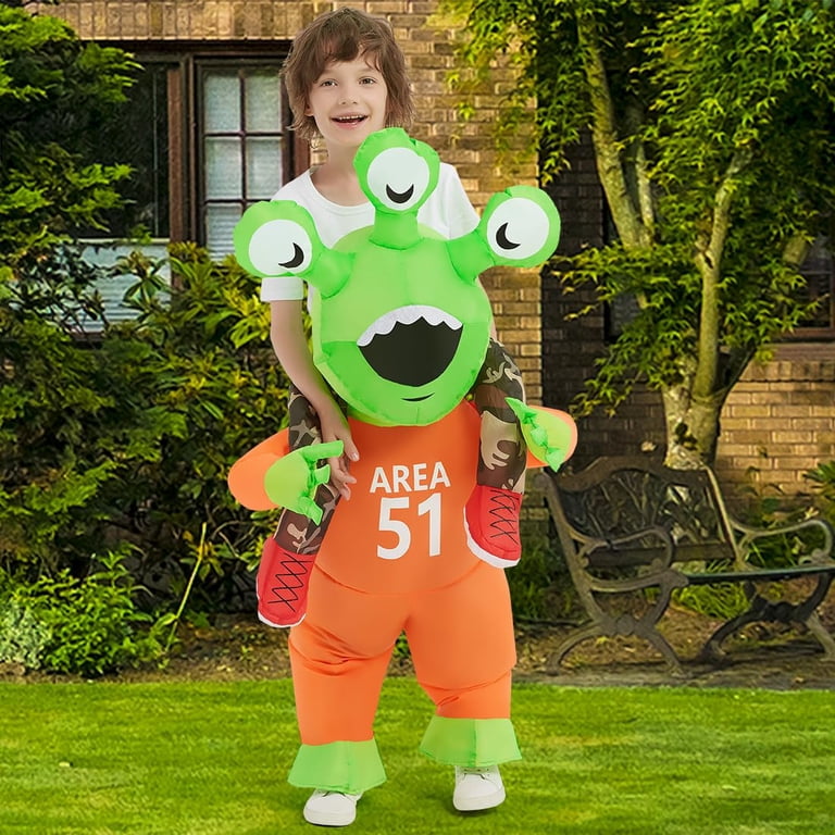 Kids Inflatable Alien Costume With Battery-Powered Fan - Green UFO Alien Outfit