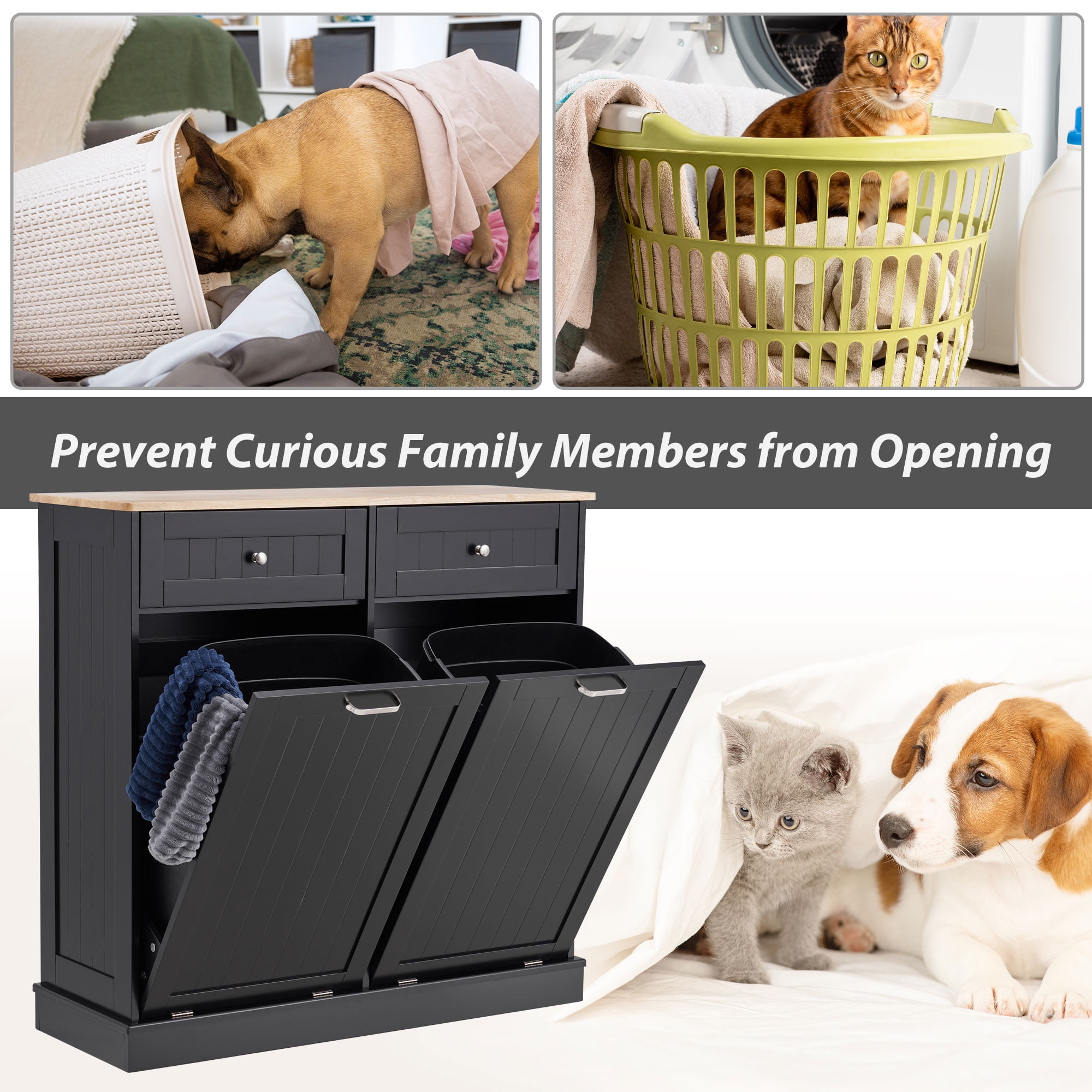 HARIPUL Double Tilt Out Trash Cabinet, 26 Gallon Trash Can Cabinet with Drawers & Handles for Kitchen, Black/Light Brown Top