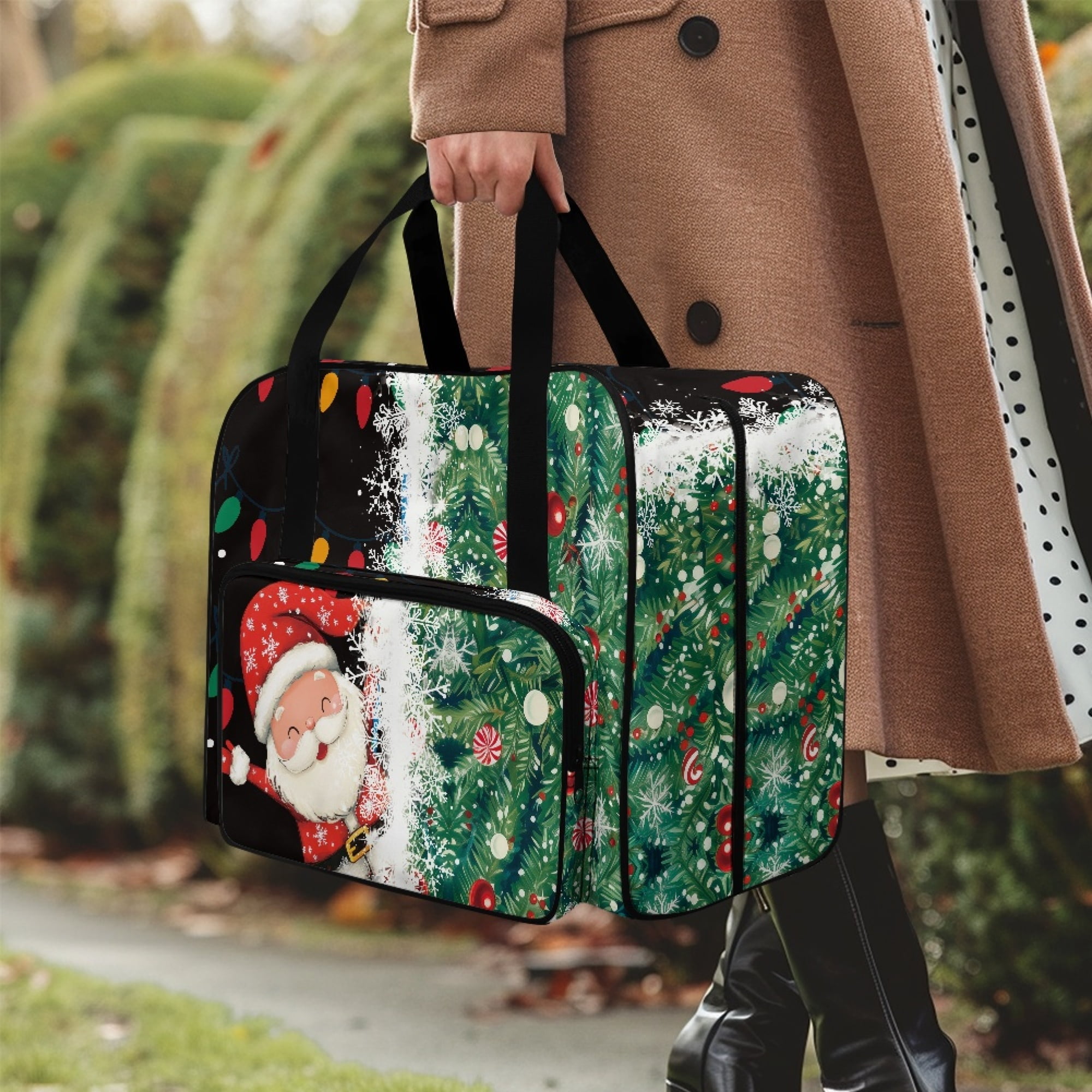 ZIATUBLE Christmas Santa Claus Portable Cover Tote Bag Snowflakes Sewing Machine Totes and Bags with 4 Bottom Rubber Pads Sewing Machine Cabinets and Storage Organizer for Travel