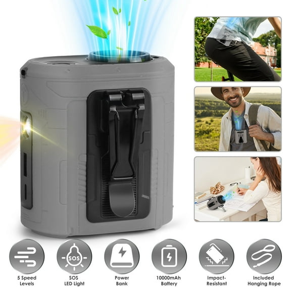 Imountek 5 in 1 Portable Waist Clip Fan with 5 Speeds, 10000mAh Battery Operated Personal Wearable Fan for Camping Travel Work, Grey