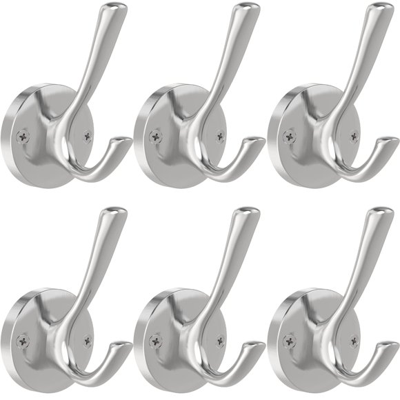 Tofiigrem Ganchos de pared de níquel cepillado, paquete de 6 ganchos para batas, ganchos de baño dobles de metal resistente, ganchos para toallas de mano montados en la pared para cubículo, baño, coci