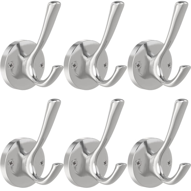 Tofiigrem Ganchos de pared de níquel cepillado, paquete de 6 ganchos para batas, ganchos de baño dobles de metal resistente, ganchos para toallas de mano montados en la pared para cubículo, baño, coci
