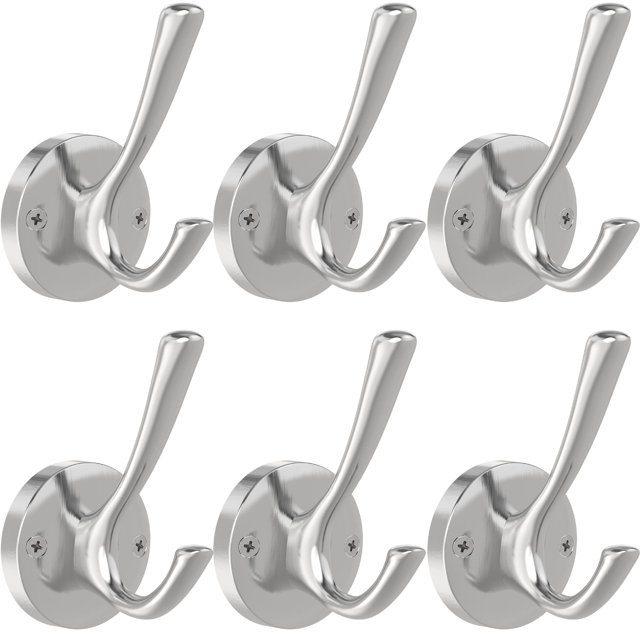 Tofiigrem Ganchos de pared de níquel cepillado, paquete de 6 ganchos para batas, ganchos de baño dobles de metal resistente, ganchos para toallas de mano montados en la pared para cubículo, baño, coci
