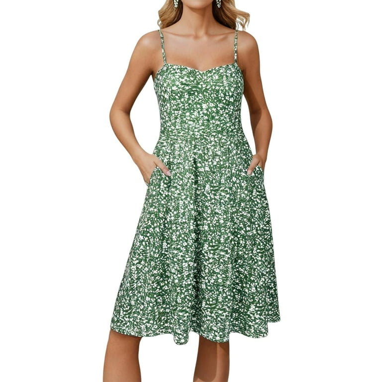 Women Dress Spaghetti Strap Summer Floral Built In Bra Sleeveless Sundresses Above the Knee Smocked Cocktail Midi Dresses Green XXL Women Dress Spaghetti Strap Summer Floral Built In Bra Sleeveless Sundresses Above the Knee Smocked Cocktail Midi Dresses Green XXL
