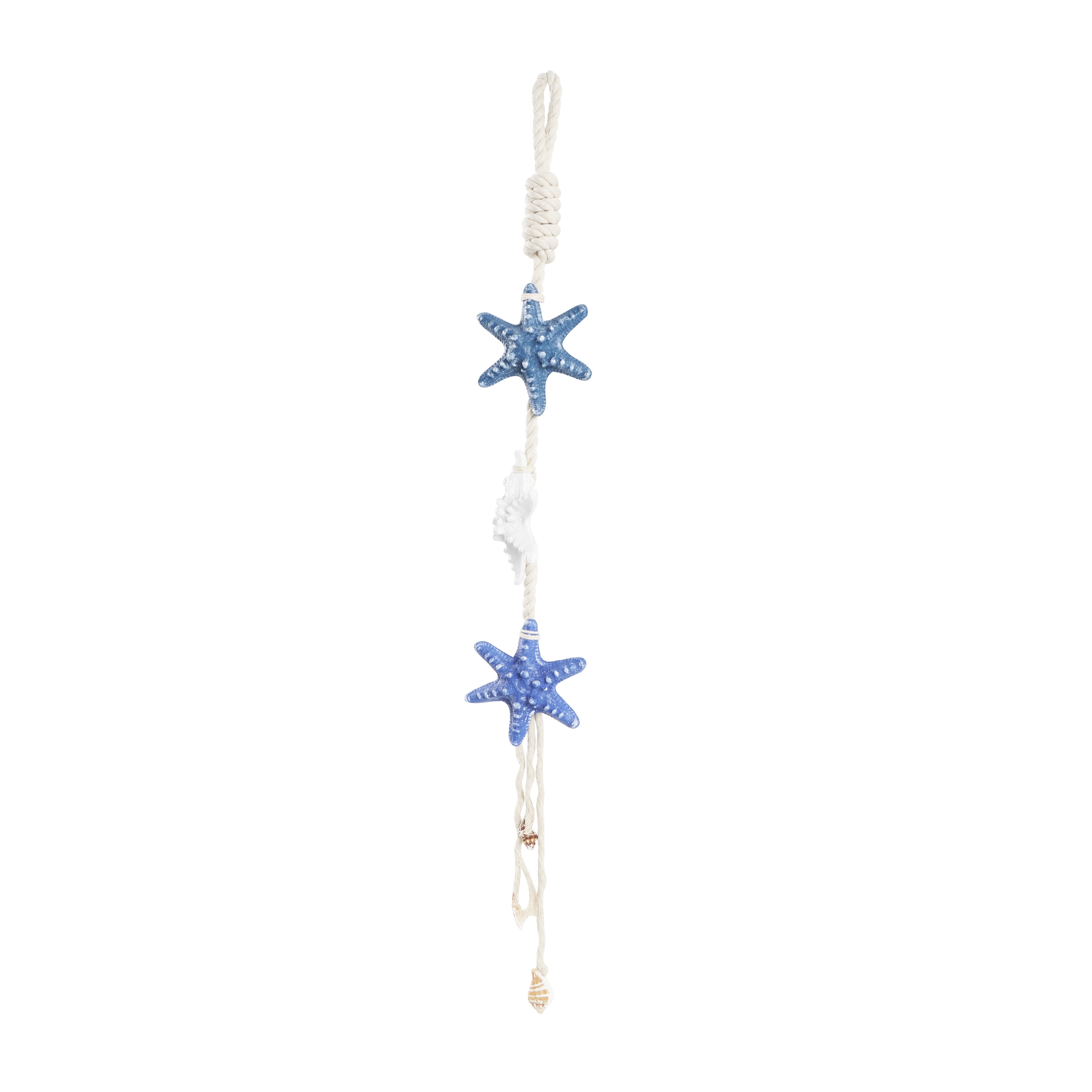 DecMode Cream Resin Handmade Layered Starfish Wall Decor with White Hanging Rope and Seashell Accents