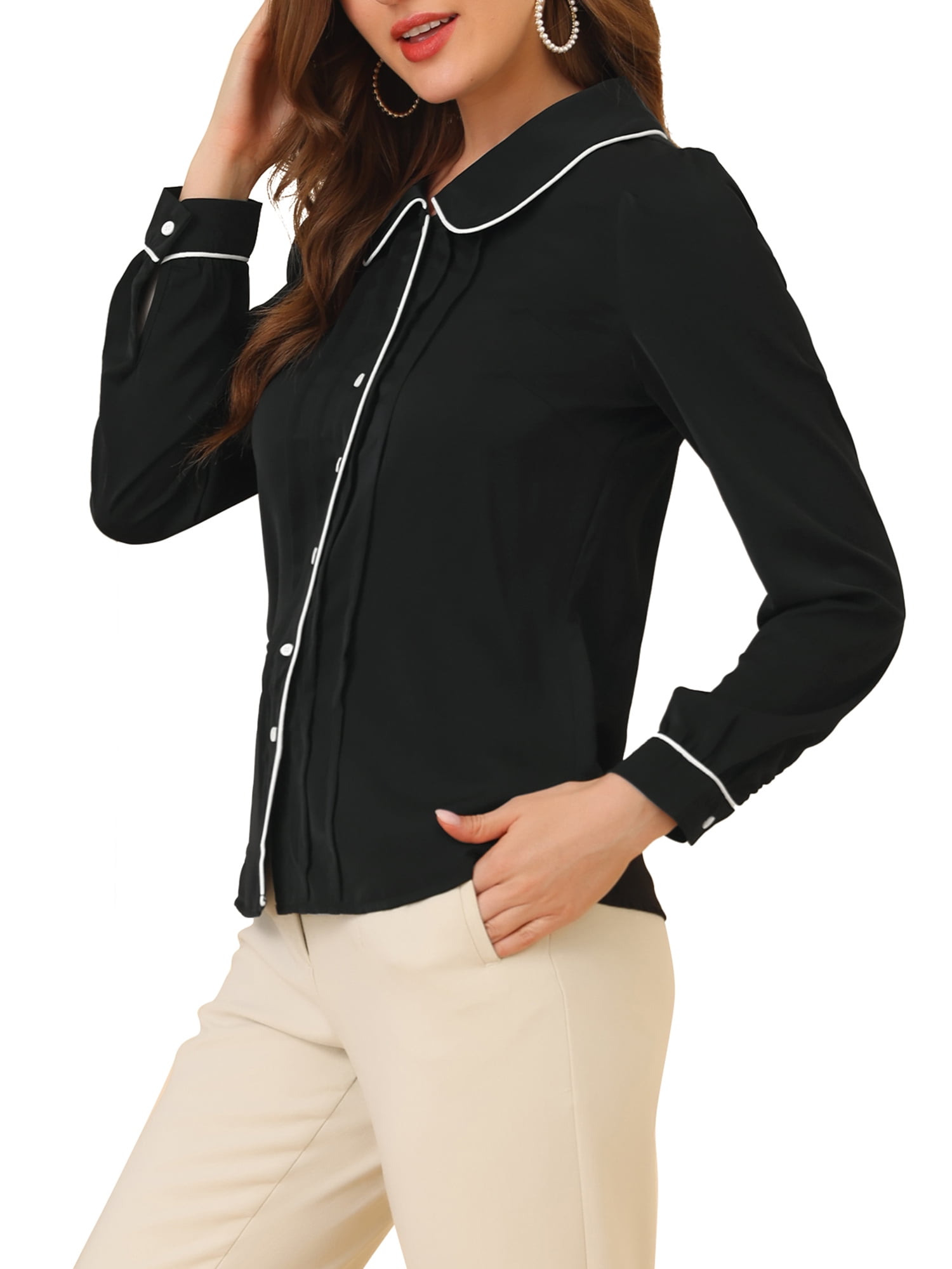 DARING DIVA Women's Peter Pan Collar Puff Sleeve Work Blouse XL Black