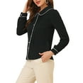 thumbnail image 4 of INSPIRE CHIC Women's Blouse Peter Pan Collar Puff Sleeve Contrast Trim Button Down Shirt L Black, 4 of 7