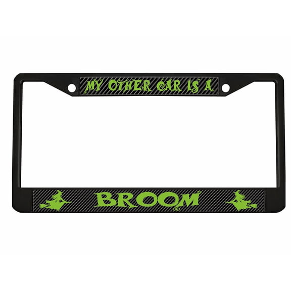 My Other Ride is A Broom Style Metal License Plate Frame Personalized/Car Accessories Car Tag Holder Cover Carbon (Black/Carbon/Lime Green)