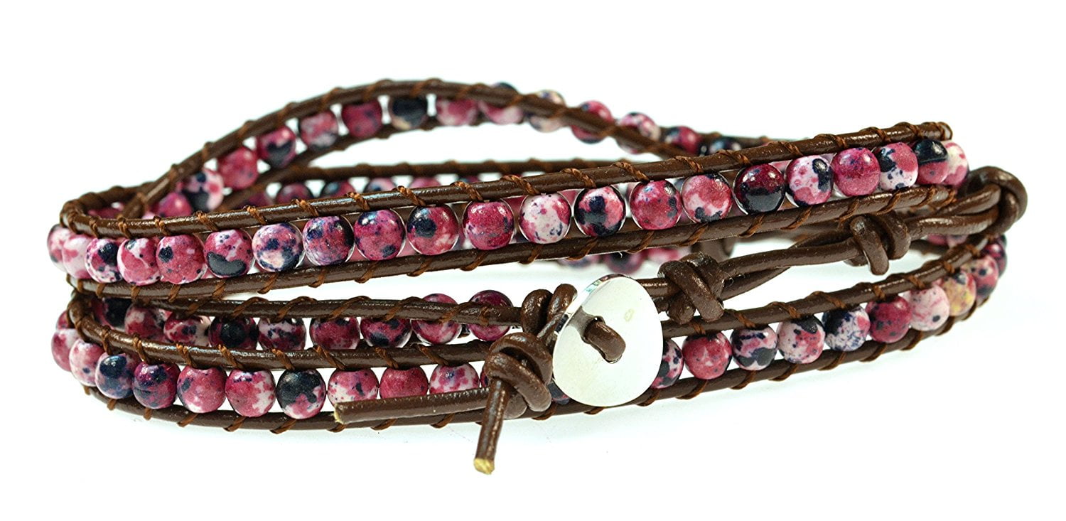 26' Pink Jasper Gemstone on Genuine Brown Leather Wrap Bracelet