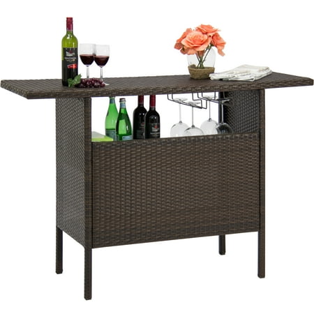 Outdoor Party Bar - Best Choice Products Outdoor Patio Wicker Bar Counter Table, Garden & Backyard Furniture w/ 2 Steel Shelves, 2 Sets of Rails