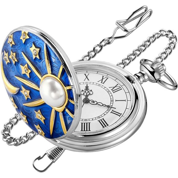 Tiong Quartz Pocket Watch Hollow Steampunk Blue Star Design Roman Numerals Pocket Watch with Chain Christmas Gifts