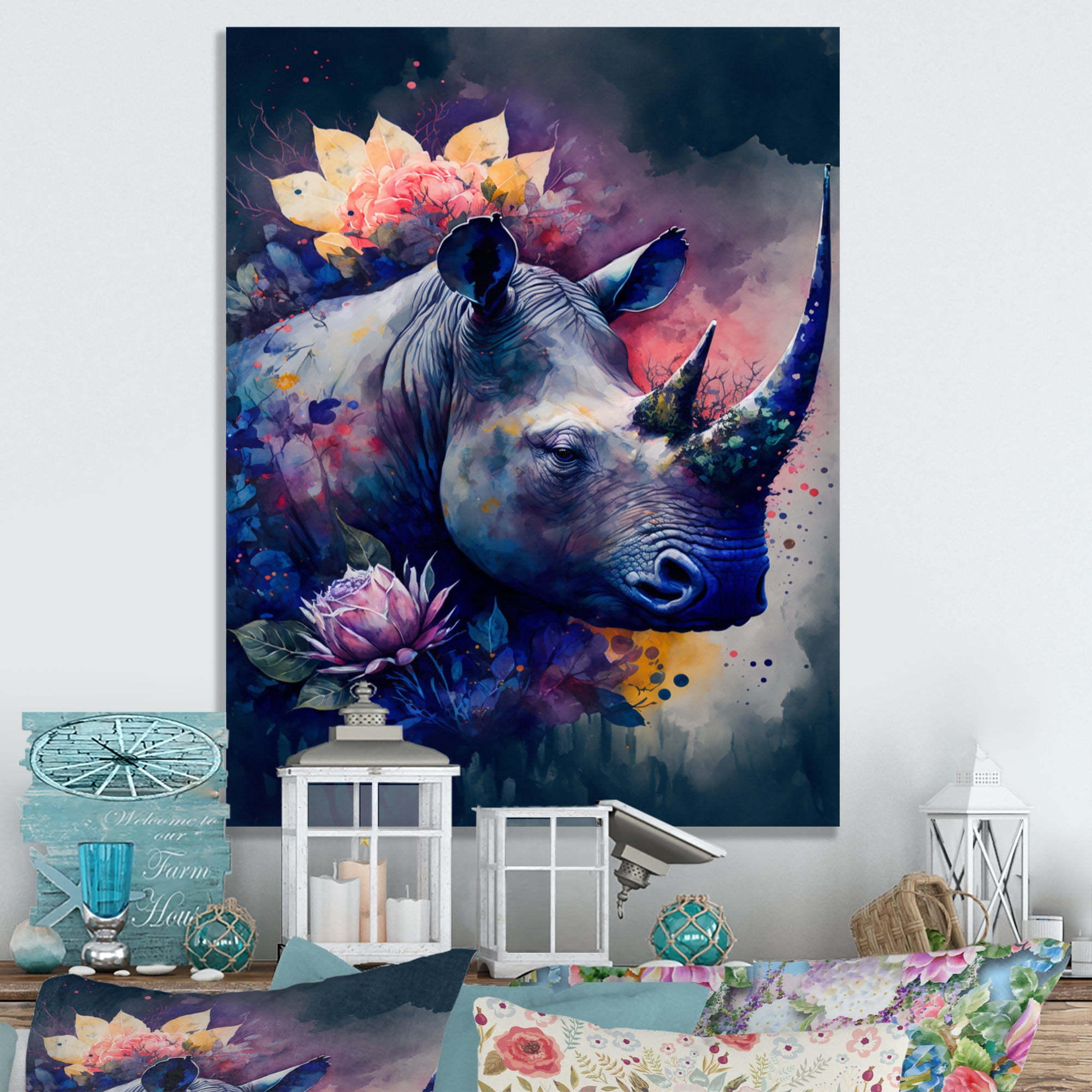 Designart Cute Rhino Floral Art I Canvas Wall Art