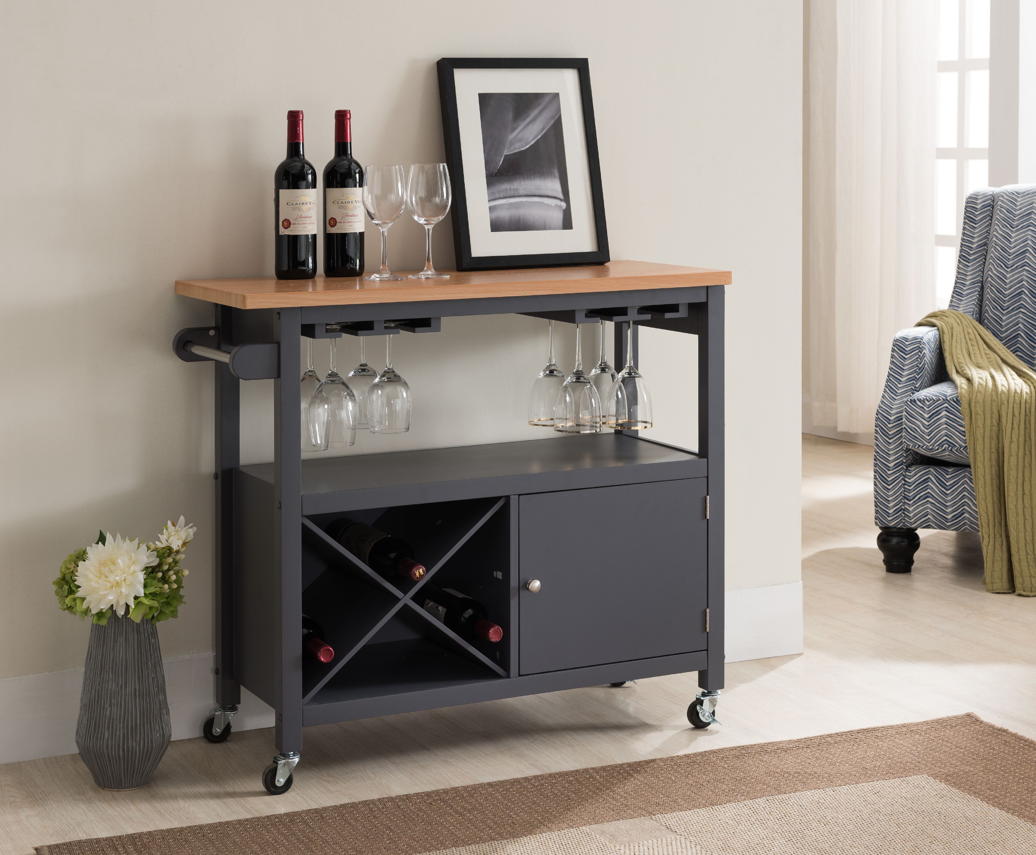 Jose Portable Kitchen Island Serving Cart With Storage Cabinet & Wine Rack, Gray & Natural Wood, Transitional - image 1 of 7