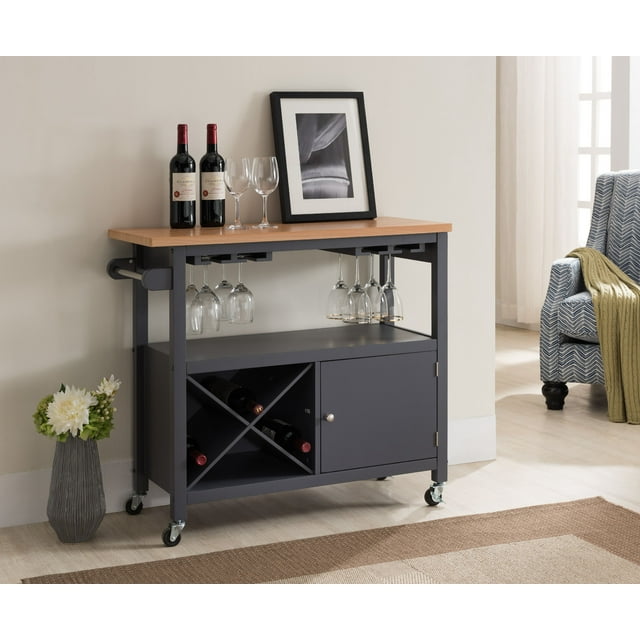 Jose Portable Kitchen Island Serving Cart With Storage Cabinet & Wine Rack, Gray & Natural Wood, Transitional