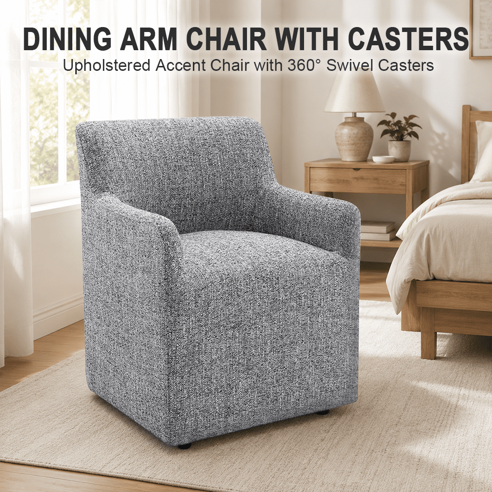 Aenkyo Upholstered Dining Arm Chair with Casters, Barrel Back Rolling Accent Chair, Pewter Gray