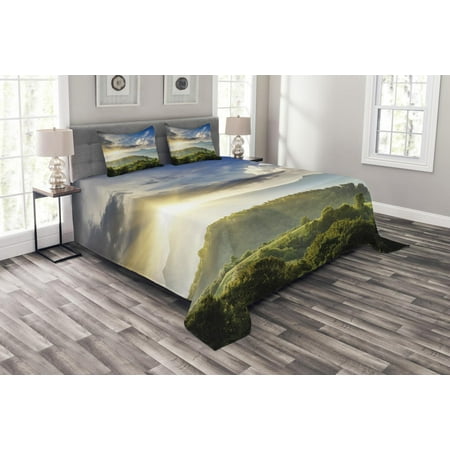 Hill Quilted Sham - Nature Bedspread Set, Rising Sun Clouds over Forest Hill Woodland Idyllic Countryside View, Decorative Quilted Coverlet Set with Pillow Shams Included, Olive Green Blue Yellow, by Ambesonne