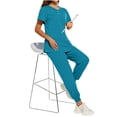 thumbnail image 4 of Scrubs for Women Set Fall Medical Uniform Stretch V-Neck Scrub Top Jogger Pant with Pockets Light Blue XL, 4 of 4