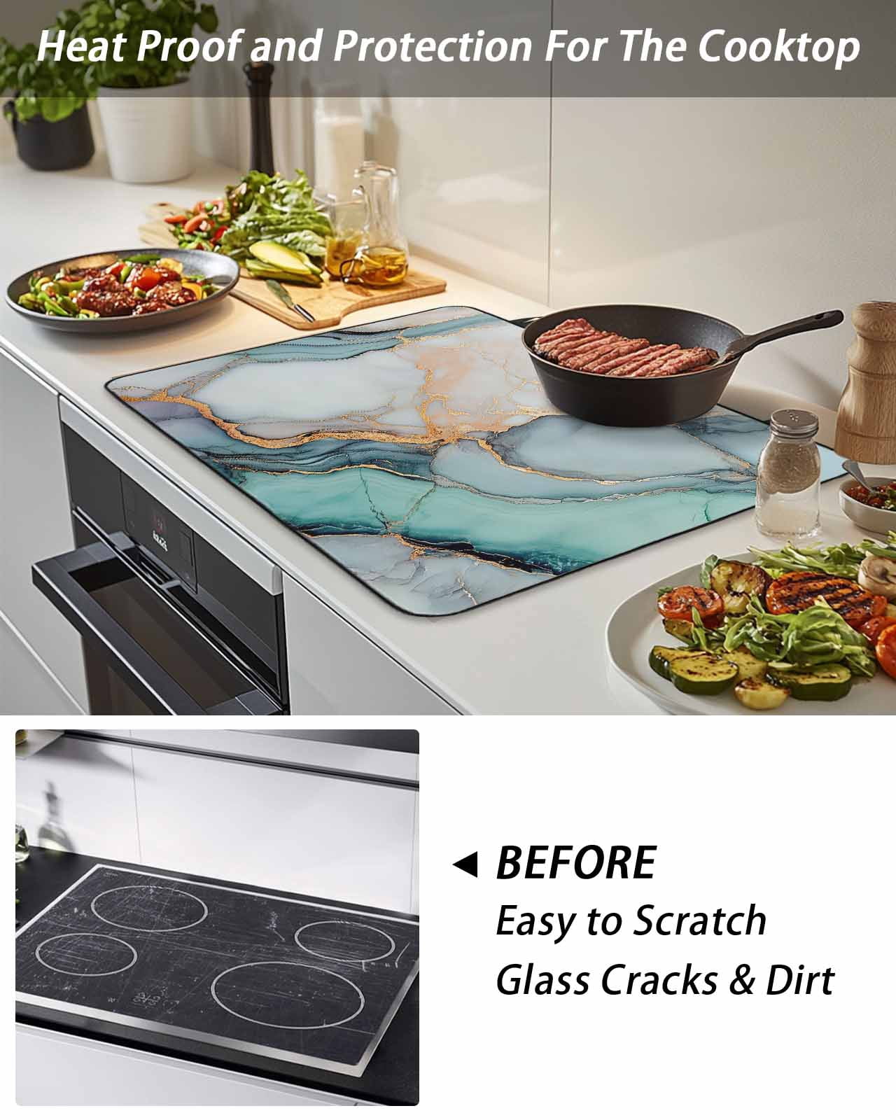 Stove Top Covers for Electric Stove, Blue Teal Marble Glass Stovetop Cover Protector, Modern Ink Painting Abstract Induction Cooktop Protector Oven Mat for Kitchen Countertop 31"x24"