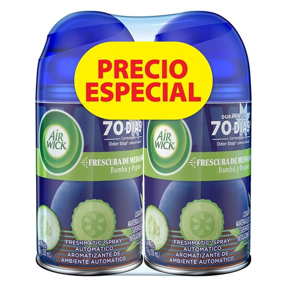 Aromatizante de ambiente automático, Air Wick® 2 repuestos Bambú y Pepino 250 mL c/u