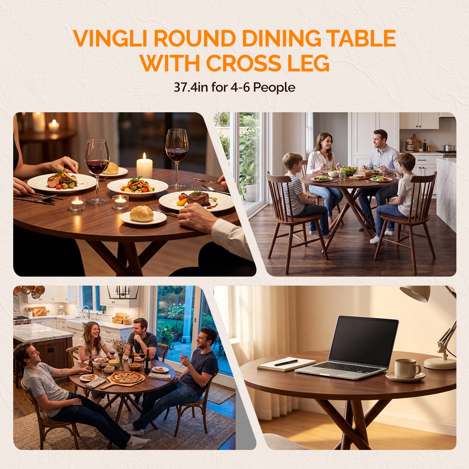 37.4 Inch Round Dining Table for 4-6 People, Cross X Metal Leg Kitchen Dinner Table with Adjustable Foot Pads, Easy Assembly Small Space Dining Room Table, Walnut