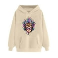 thumbnail image 3 of VBTAPA Women's Mardi Gras Sweatshirt Novelty Mask Graphic Hoodies Tuesday Carnival Parade Party Pullover Tops with Kangaroo Pocket Beige L, 3 of 6
