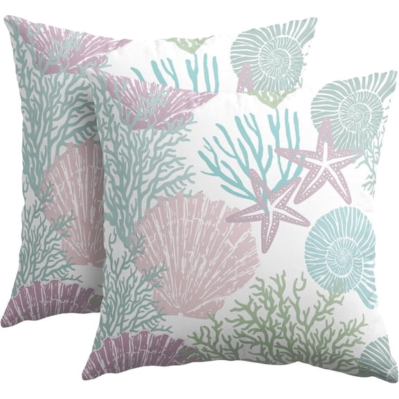 Nautical Coastal Throw Pillow Covers 18x18 Inch Summer Beach Theme Outdoor Pillow Covers Set of 2 Ocean Seashell Coral Starfish Pillow Cases Cotton Linen Cushion Covers for Couch Bed Sofa Home Decor