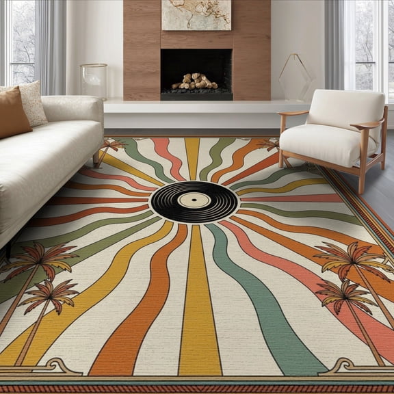 ODIKA 8'x10' Washable Area Rug Sunset Vinyl Colored Retro Record Disc Orange Geometric Layout for Living Room, Under Sectional, Family , Durable, Non-Slip