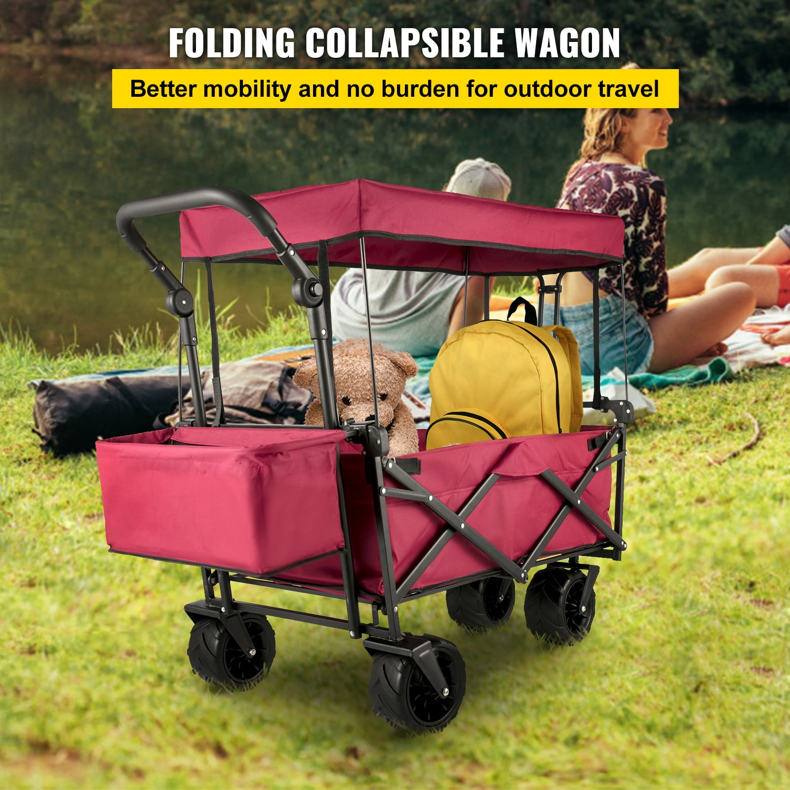 VEVOR Collapsible Wagon Cart with Removable Canopy, Foldable Utility Wagon, 600D Oxford Polyester & Steel Frame, 220.5 lbs, 39 x 21.4 x 39 in, Red