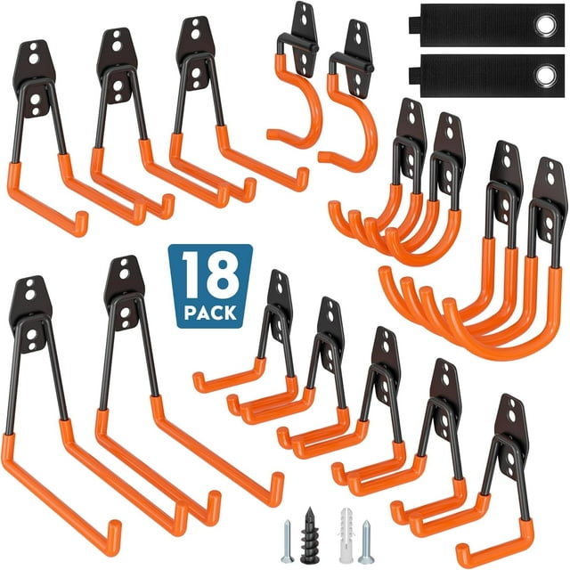czcpp-Garage Hooks, 18 Pack Heavy Duty Storage Wall Mounted Organizer with Strong Load Capacity, Anti-Slip Steel U and J Hooks, Tool Hangers, Bike Rack, Hose Holder, Garden Equipment Storage, Orange