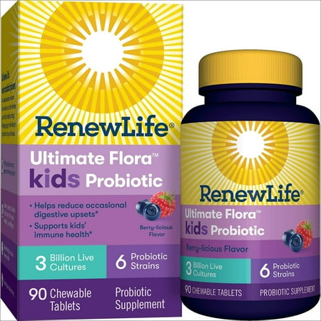 Renew Life Kids Probiotics 3 Billion CFU Guaranteed, 6 Strains, Shelf Stable, Gluten Dairy & Soy Free, 90 Chewable Tablets, Ultimate Flora Kids Probiotics Berry-licious (Packaging May