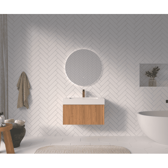 Vanity With Sink, 30" Bathroom Vanity with Sink,Wall Mounted Floating Bathroom Cabinet with Integrated Basin Plywood Finish Modern Minimalist Design for Compact Bathrooms Acacia Color