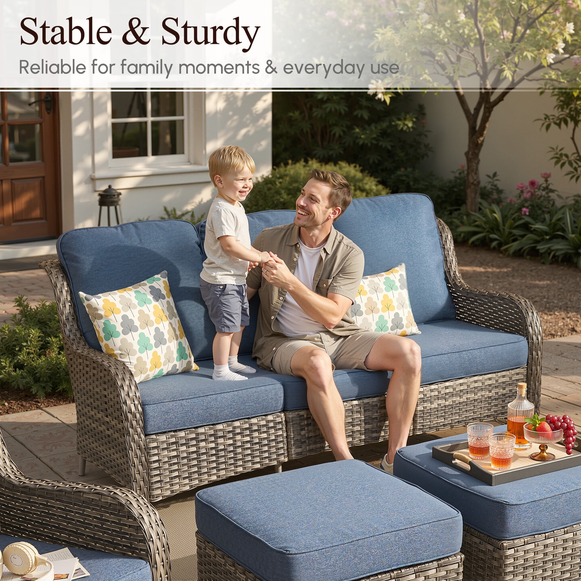 Vcatnet 5 Pieces Patio Outdoor Furniture with Swivel Chairs Wicker Sectional Sofa High-Back Outdoor Conversation Set with Solar Lamp Coffee Table, Denim Blue