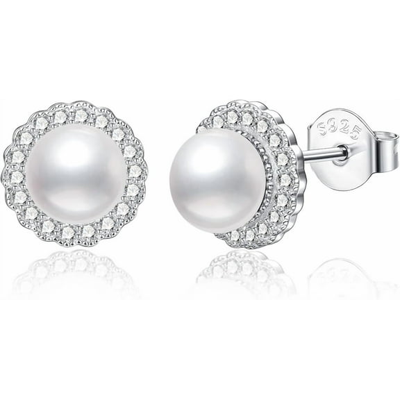 Divine Creation 1.32 Ct Round Cut Diamond with Pearl Push Back Womens Stud Earrings 14K White Gold Plated 925 Sterling Silver