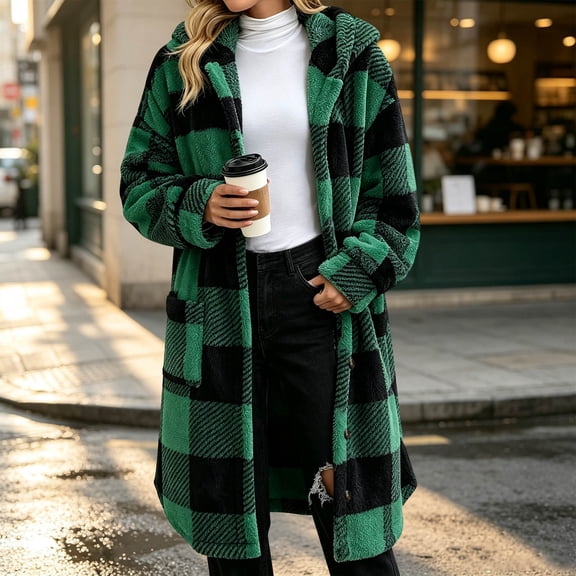 QUNYINEY Long Fleece Jacket Women Hooded Plaid Button Down Outerwear Jackets Winter with Pockets Long Sleeve Coats