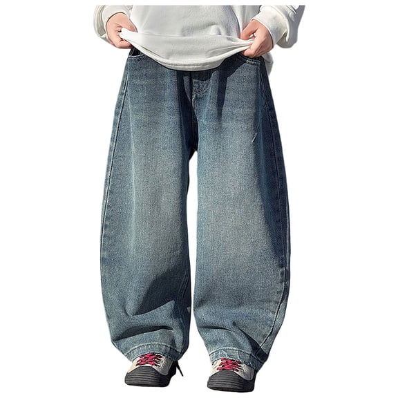 TTUHYWXI Boy's Regular Sutures Y2k Hip Hop Baggy Jeans Wide Leg Denim Pants Casual Loose Fit Trousers Streetwear (Blue,14-15 Years)