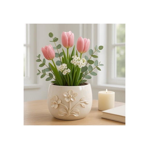 Decorative Ceramic Flower Planter for Home Decor - Stylish Indoor and Outdoor Plant Pot for Paito or Office Decoration Accent - Ornamental Embrossed Design for Plant Stand Indoor - 7", Ivory
