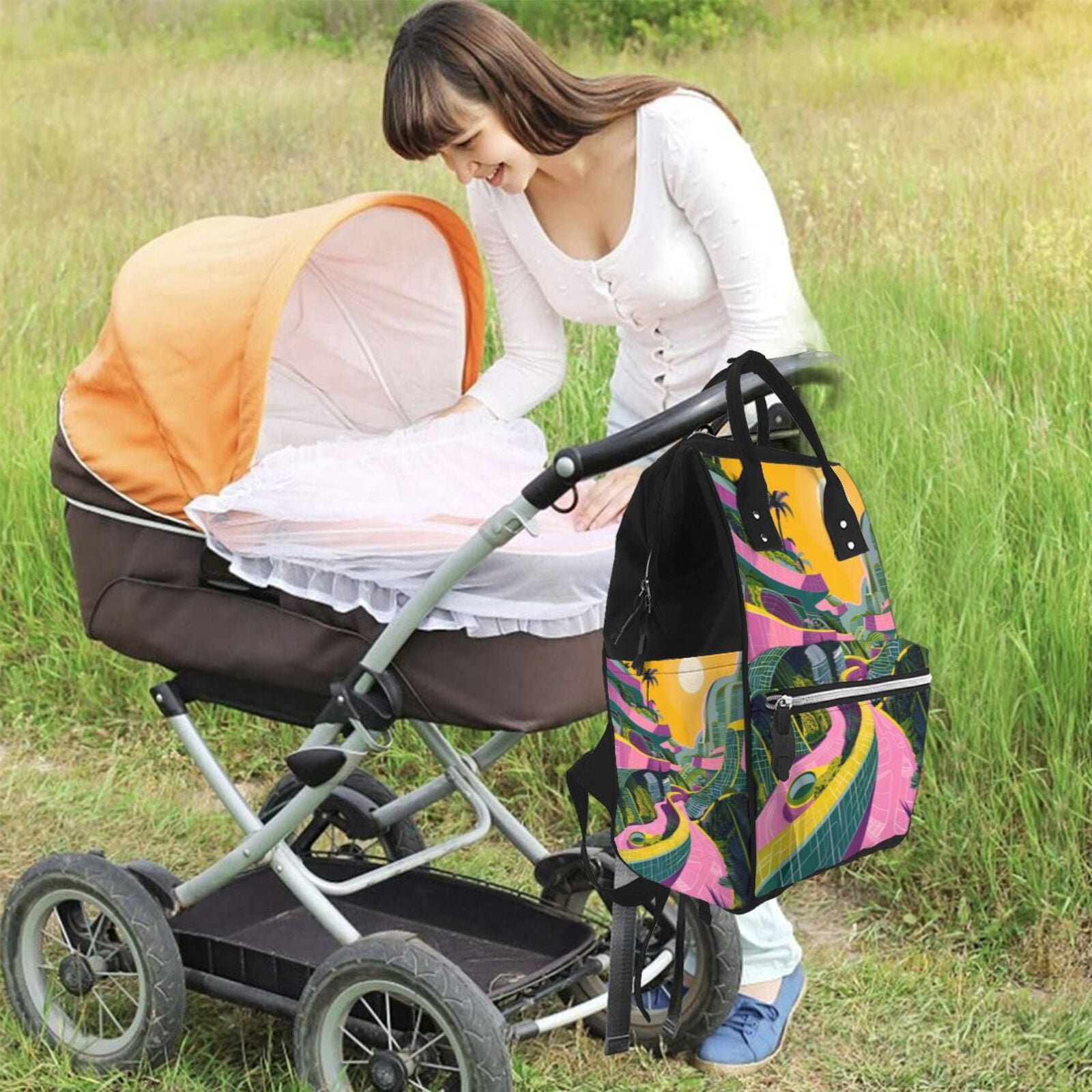 Fuzoiu Retro Futuristic Landscape Print Diaper Bag Backpack,Baby Essentials Travel Tote,Multi function Waterproof Diaper Bag, Travel Essentials Baby Bag - Unisex