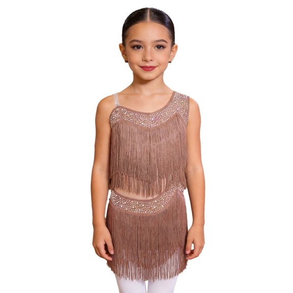 TiaoBug Kids Girls Latin Dance Outfit Ballroom Salsa Tassel Fringe Dress One Shoulder Crop Top and Skirt Set Brown 8