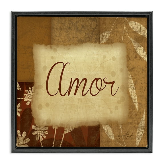 Stupell Industries Amor con Flores Tradicionales Typography and Symbols Painting Black Floater Framed Art Print Wall Art, 18 x 18