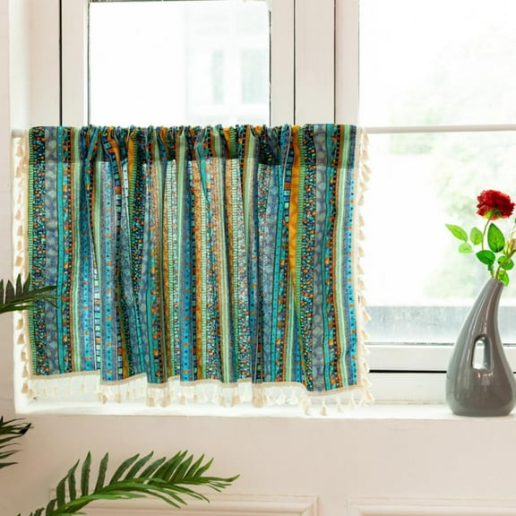 Farmhouse Valance Curtain for Kitchen Windows,Boho Tribal Valances with Tassel Decorative Short Window Curtains for Bathroom,Living Room,Bedroom,52 x 17.7 Inch