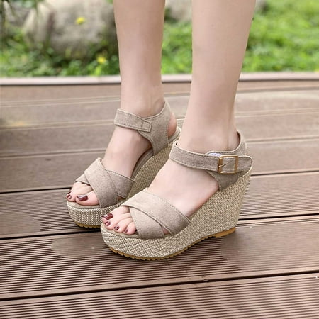 

YODETEY Women s Summer Sandals Fashion Cross Straps Platform Sandals Thick Sole Comfortable Casual Sandals High-heeled Wedges Sandals Beige