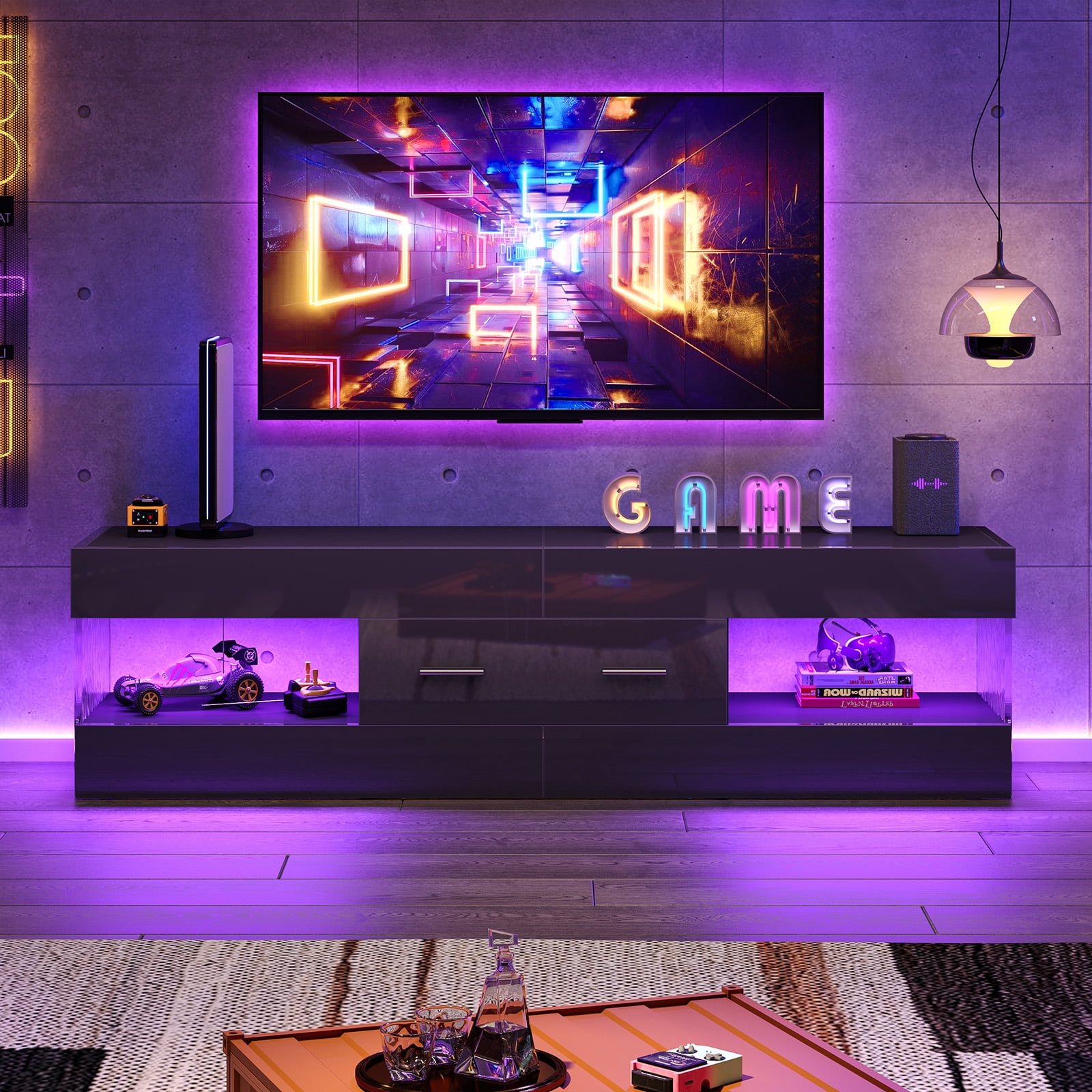 Bestier Black TV Stand for TVs up to 65", Modern Entertainment Center for TVs with LED Light, High Gloss TV Console Table with Storage Drawers