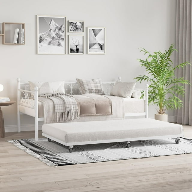 Twin Daybed, Heavy Duty Metal Twin Day Bed with Pull Out Trundle, Sofa Bed Frame with Floral Headboard, Sturdy Steel Slats Support, No Box Spring Needed